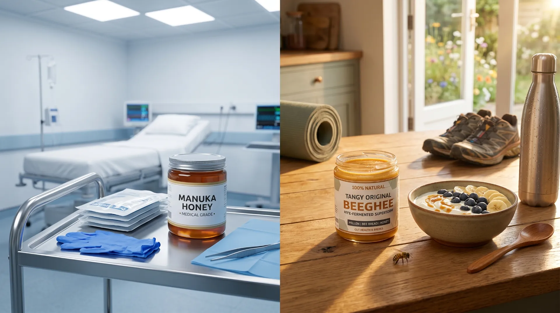Side-by-side: Manuka honey in a clinical hospital setting vs. Beeghee jar on a kitchen table with yogurt bowl, hiking shoes, and water bottle