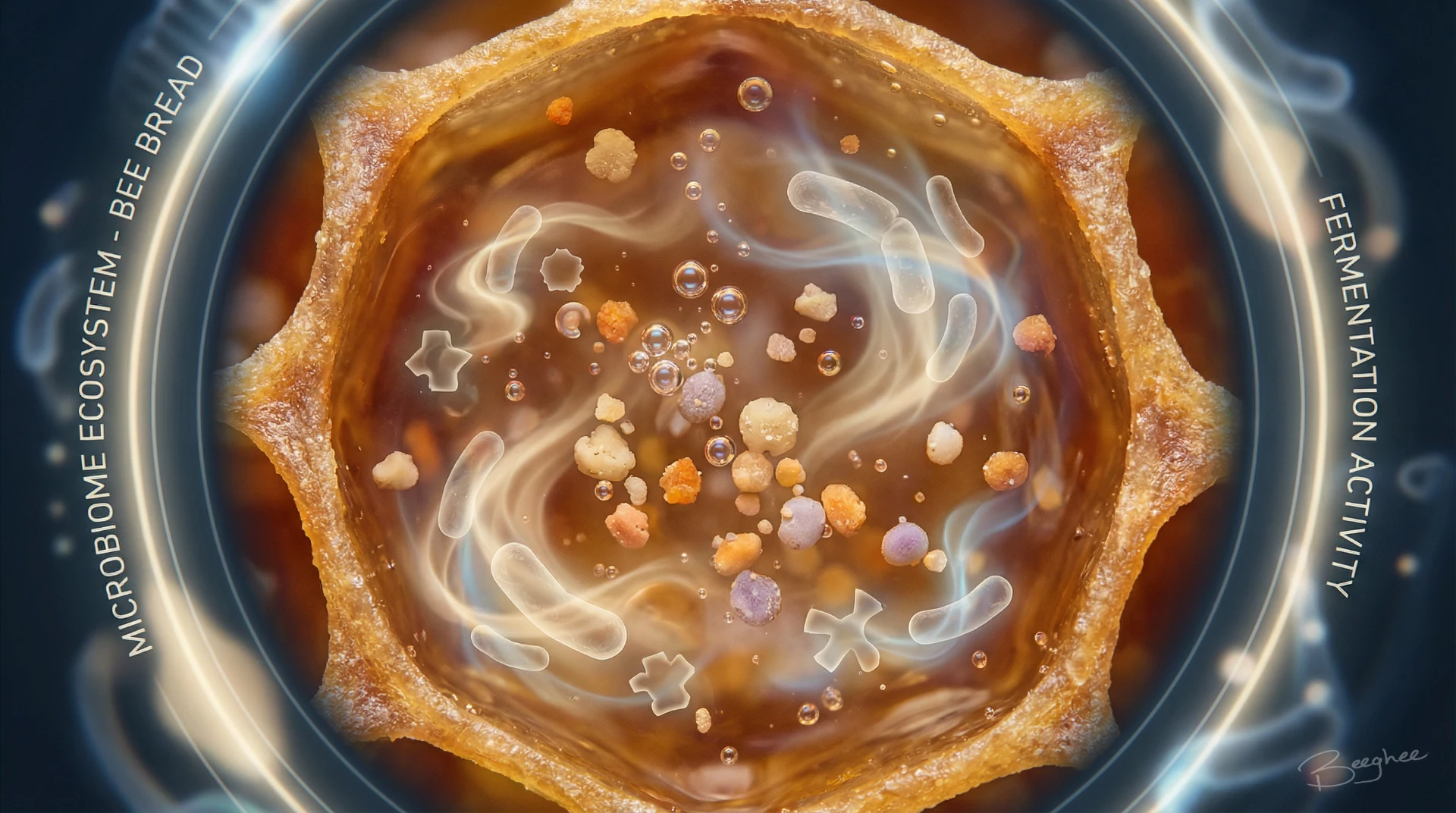 Microscopic view of the living microbial ecosystem in bee bread showing LAB and beneficial yeasts