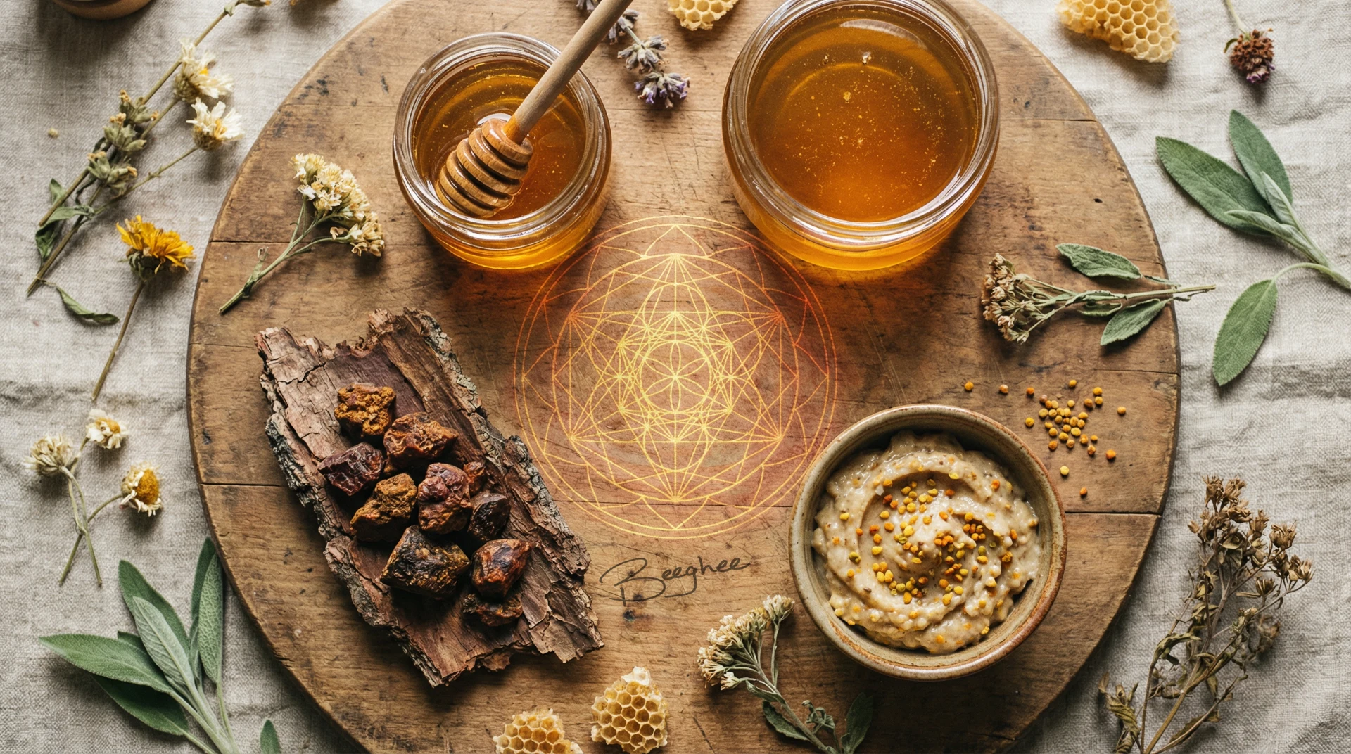 The sacred trinity of bee products: raw honey, fermented bee bread, and pollen with sacred geometry overlay