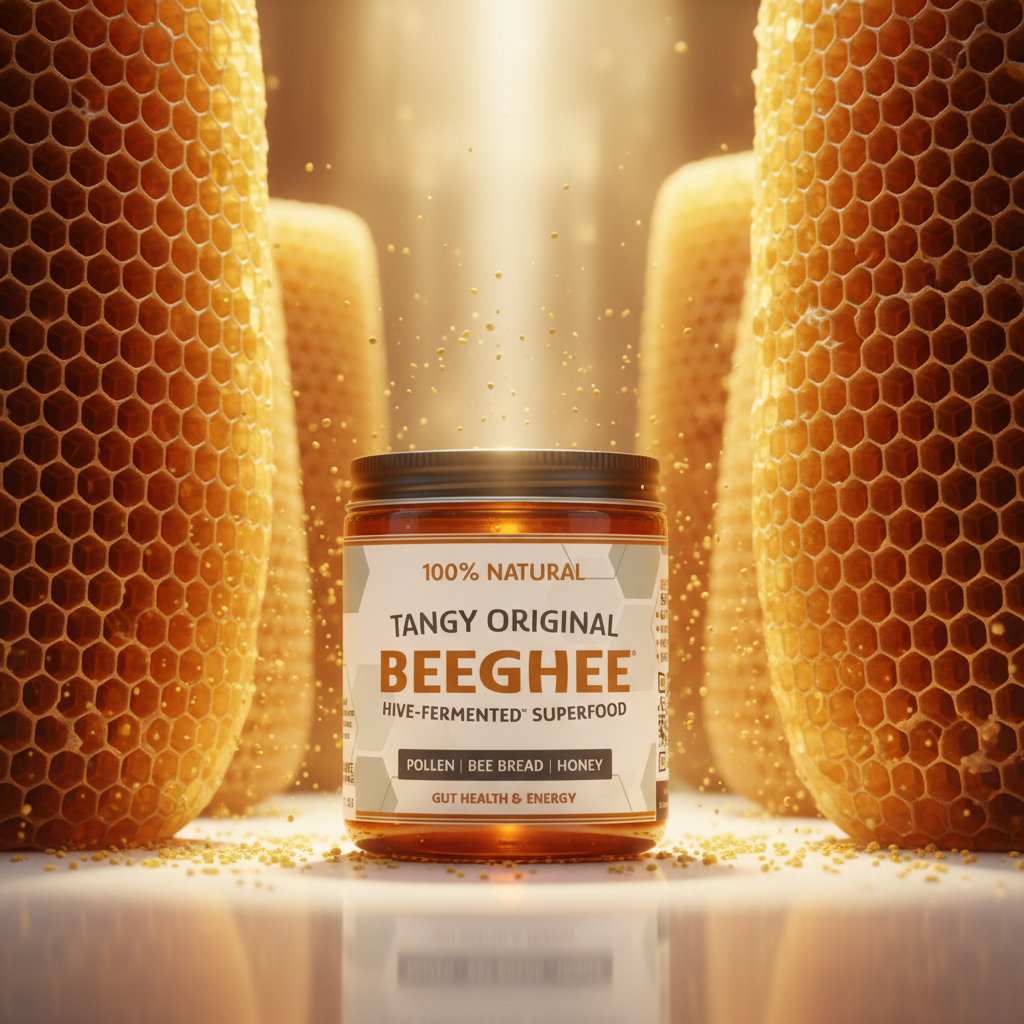 Beeghee Tangy Original jar with honeycomb background
